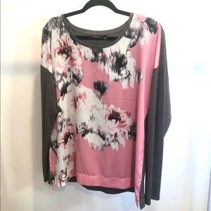 Cozy Drop Shoulder Pink and Gray Floral Top—L